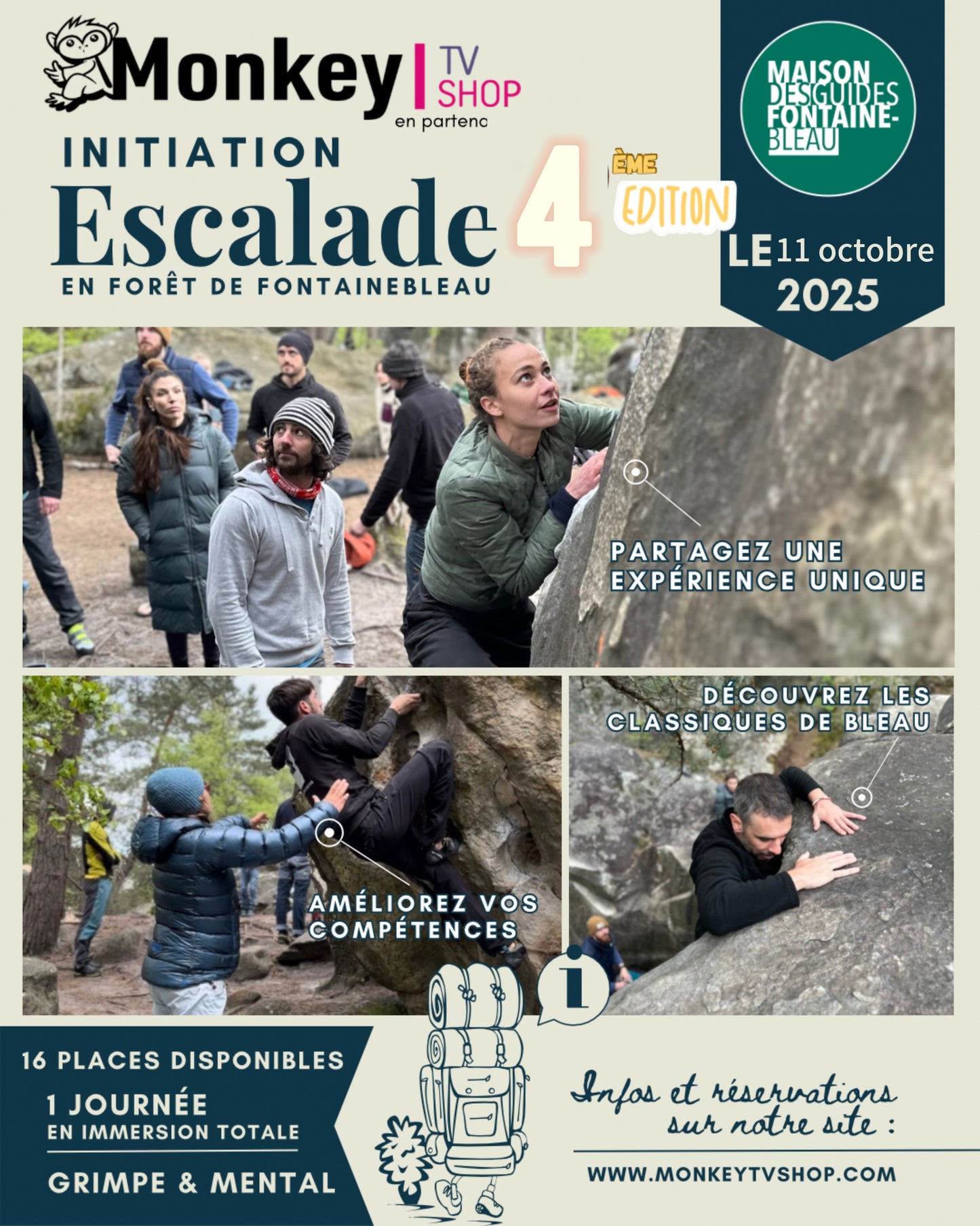 11 octobre 2025 - Journée Initiation & Perfectionnement Escalade en forêt de Fontainebleau Monkey Tv Feat La Maison des Guides