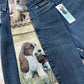 Bermuda jean upcyclé pièce unique – custom jacquard chiens vintage – taille 36/38/40