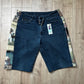 Bermuda jean upcyclé pièce unique – custom jacquard chiens vintage – taille 36/38/40