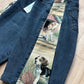 Bermuda jean upcyclé pièce unique – custom jacquard chiens vintage – taille 36/38/40